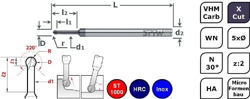 SPPW Micro-Kugelfräser VHM+X.Cut 220° L: 60x0,55 z:2 d3 Ø0,8x4F, 6785220080