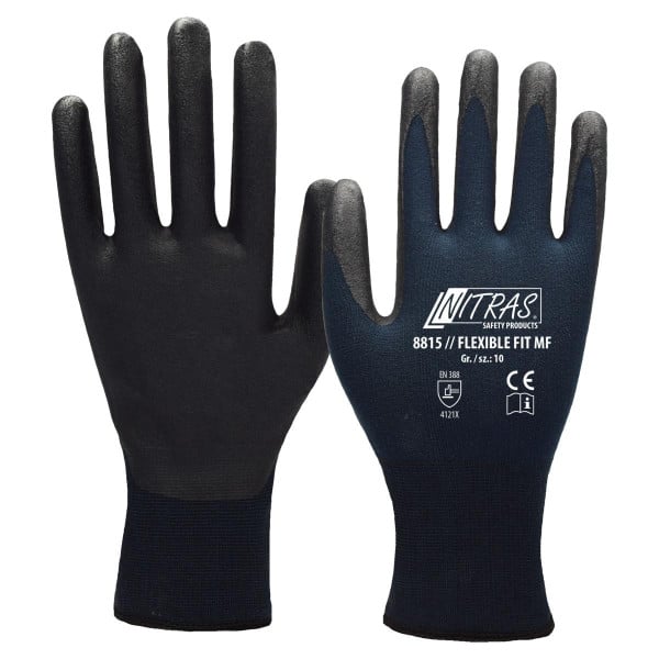 NITRAS FLEXIBLE FIT MF, Strickhandschuhe, Spezial-Stretch-Strick, dunkelblau, Nitril-Mikroschaum-Beschichtung, schwarz, Größe: 10, VE: 144 Paar, 8815-10