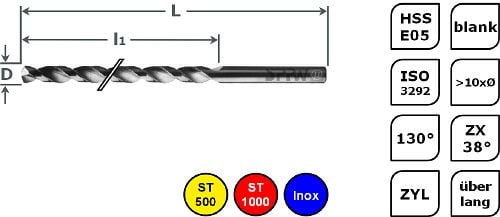 SPPW Spiralbohrer überlang HSS-E05 >10xØ ZX38° L: 125x93 Ø2,0, 4112800200