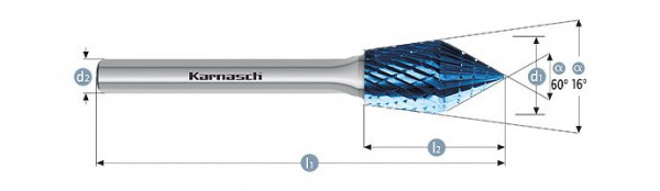 Karnasch Hartmetall-Frässtift Blue-Tec beschichtet KSJ/WKN d1= 12,0 / l2= 23 / d2= 6 / l1= 68mm Combi+Form, VE: 2 Stück, 116061100