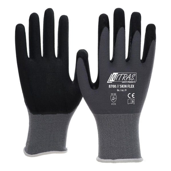 NITRAS SKIN FLEX, Strickhandschuhe, Spezial-Stretch-Strick, grau, Spezialbeschichtung, schwarz, STANDARD 100 by OEKO-TEX, Größe: 10, VE: 144 Paar, 8700-10