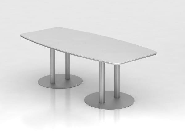 Hammerbacher Konferenztisch 220cm Säulenfuß, Weiß/Silber, tonnenförmig, VKT22S/W/S