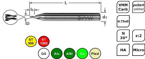 SPPW Micro-Bohrnutenfräser VHM 0,75xØ L: 39x0,30 z:2 d3 Ø0,40, 6685110040