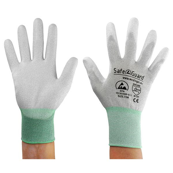 SafeGuard ESD-Handschuh grau/türkis, beschichtete Handflächen Nylon/Carbon Größe M, VE: 12 Paar, DSWL39622