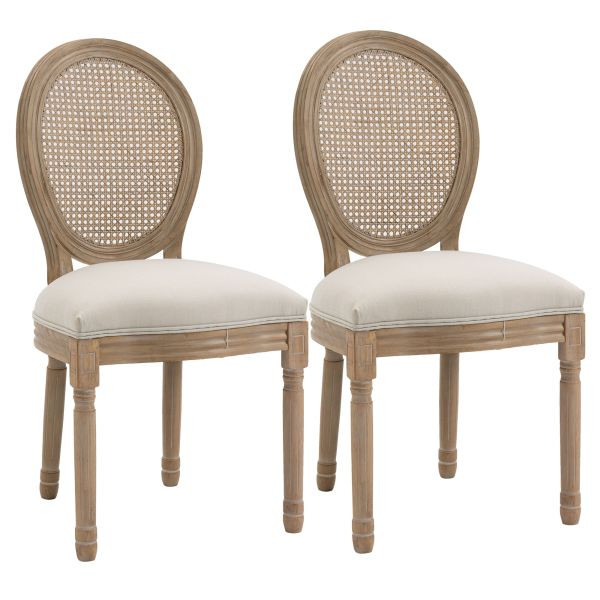 HOMCOM 2er Set Esszimmerstühle Küchenstuhl mit Rattan-Rückenlehne Linen-Touch, 835-523CW