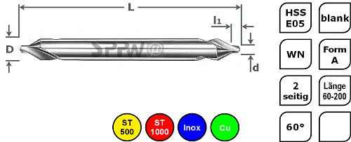 SPPW Zentrierbohrer HSS-E05 WN Form A 60 lang - 1,50x5,00, 1235200150