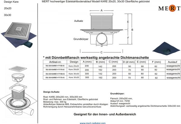 MERT Grundkörper Flansch 50 Ø mm, Dichtungsmanschette werkseitig vormontiert, waagerechter Ablauf, Ablaufaufsatz Ø 100 mm, Ablauf mit Ø 50 mm, DU-T150-G