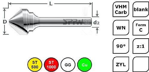 SPPW Kegelsenker VHM 90° z:1 Form C L: 50 Ø4,3, 6501000430