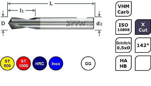 SPPW NC-Anbohrer VHM+X.Cut 142° ISO HA L: 45x10 - Ø3,0, 6235120300