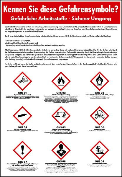 Schilder Klar Aushang Gefährliche Arbeitsstoffe- Sicherer Umgang nach GHS, 410x595x1.5 mm Kunststoff, 1138/72