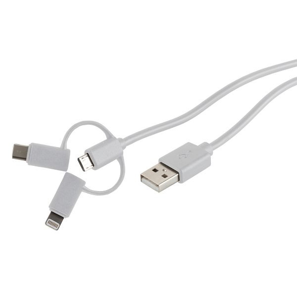 S-Conn USB Lade-Sync Kabel 3in1, USB A Stecker auf USB Micro B + USB Typ C + Lightning Stecker weiß 2m, 14-15036