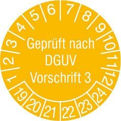 SafetyMarking Prüfplakette, Geprüft nach DGUV Vorschrift 3, Prüfzeitraum: 19-24, Ø 2 cm, Folie, selbstklebend, VE: 28 Stück/Bogen, 30.C2100-19-24