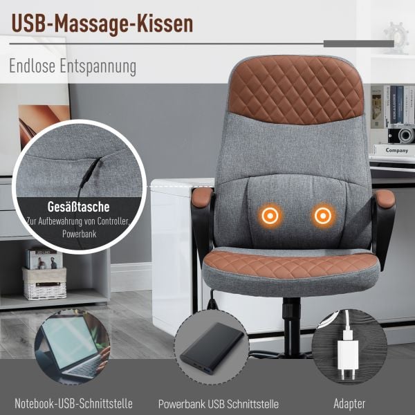 Vinsetto Bürostuhl Massage höhenverstellbarer Chefsessel Gamingstuhl Grau+Braun 60 x 70 x 109-119 cm, 921-307