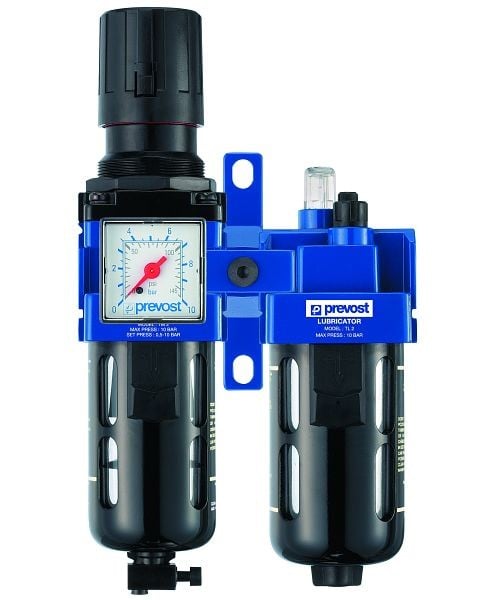 Prevost ALTO 2 - Doppelblock - Filterregler mit Manometer, Öler und Wandbefestigungsset, IG BSPP= G 3/8, Durchfluß= 1250 Nm3/h, Filterung= 25 µm, KTB SM2