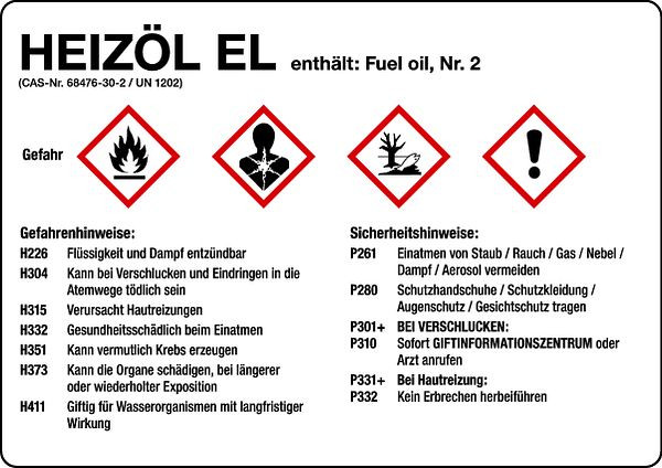 Schilder Klar Gefahrengutkennzeichnung GHS-Gefahrstoffetiketten: Heizöl EL, 105x74 mm Folie selbstklebend, 585/31