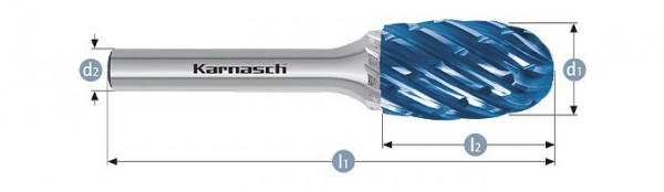 Karnasch Hartmetall-Frässtift Blue-Tec beschichtet TRE/ HP-8 d1= 12 / l2= 22 / d2= 6 / l1= 67mm, VE: 2 Stück, 116045025