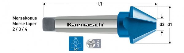 Karnasch Kegelsenker 60°, HSS-XE Blue-Tec Beschichtet mit Morsekonus 3, DIN 334 d=50,0mm, 4030350500