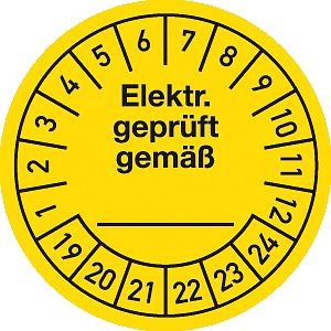 Moedel Prüfplakette elektrische Geprüft gemäß 2019-2024, Dokumentenfolie, Ø 30 mm, VE: 10 Stück/Bogen, 54765