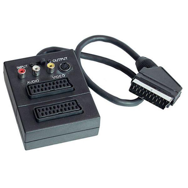 S-Conn Adapter, Scart-Stecker auf 2 x Scart-Kupplung, S-VHS-Kupplung, 3 Cinchkupplungen, IN/OUT mit Schalter, 0,2m, 94037