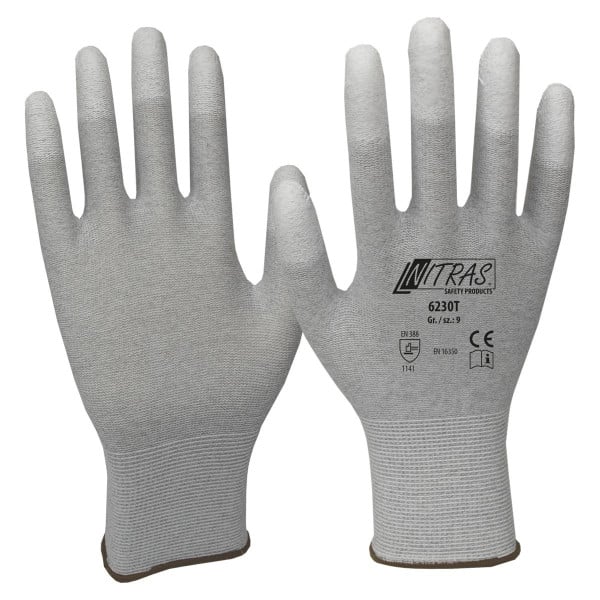 NITRAS Antistatikhandschuhe, Nylon-Carbon-Strick, grau, eingearbeiteter Carbonfaden, PU-Beschichtung, weiß, Größe: 10, VE: 240 Paar, 6230T-10