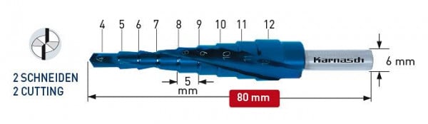 Karnasch Stufenbohrer HSS-XE Spiral genutet - 2 Schneiden 4-12mm, VE: 3 Stück, 201447U