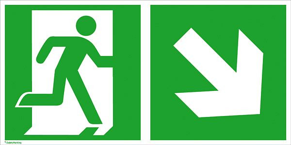 SafetyMarking Fluchtweg-Kombischild, Notausgang rechts, Zusatz: Richtungsangabe rechts abwärts, 40x20 cm, Folie, selbstklebend, langnachleuchtend, 38.3043