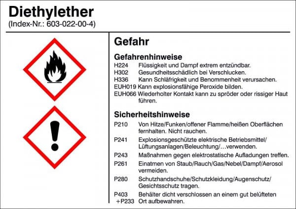 SafetyMarking Gefahrstoffetikett, G007: Diethylether, für Behälter bis 3 Liter, BxH 10,5x7,4 cm, Folie, selbstklebend, 21.B1200-G007