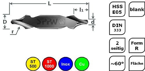 SPPW Zentrierbohrer HSS-E05 DIN333 R Fläche - 1,60x4,00, VE: 10 Stück, 1232800160