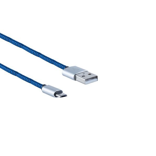 S-Conn USB Ladekabel, USB-A-Stecker auf USB Micro B Stecker, Nylon, blau, 0,9m, 14-50020