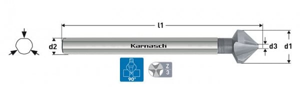 Karnasch Kegelsenker 90°, HSS-XE, langer Schaft 3-Flächen-Schaft, DIN 335 d=25,0mm, VE: 2 Stück, 201720080