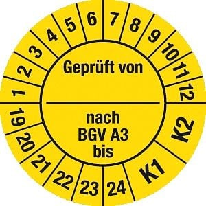 Moedel Prüfplakette Geprüft von nach BGV A 3 bis K1/K2 2019-2024, Folie, Ø30 mm, 10Stück/Bogen, 55947