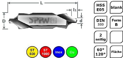 SPPW Zentrierbohrer HSS-E05 DIN333 B Fläche - 1,60x6,30, VE: 10 Stück, 1233000160