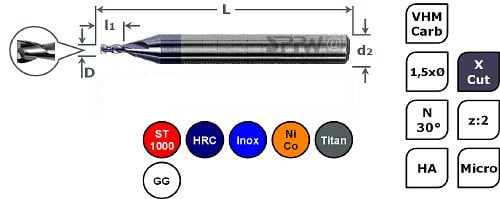 SPPW Micro-Bohrnutenfräser VHM+X.Cut 1,5xØ L: 39x1,50 z:2 d3 Ø1,00, 6785070100