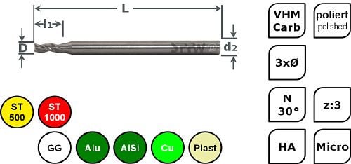 SPPW Micro-Bohrnutenfräser VHM 3xØ L: 39x5,0 z:3 d3 Ø1,8, 6685330180