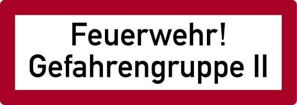 Schilder Klar Brandschutzzeichen Feuerwehr! Gefahrengruppe II, 297x105x0.45 mm Aluminium geprägt, 159/34