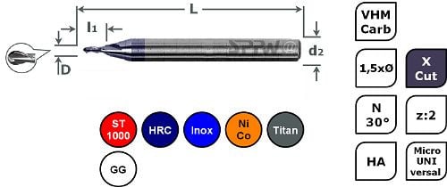 SPPW Micro-Radiusfräser VHM+X.Cut 1,5xØ L: 39x1,80 z:2 d3 Ø1,20, 6785270120