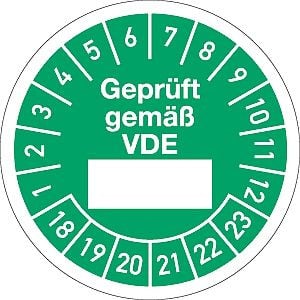 Moedel Prüfplakette Geprüft gemäß VDE... 2018 - 2023, Folie, Ø 30 mm, VE: 10 Stück/Bogen, 55116