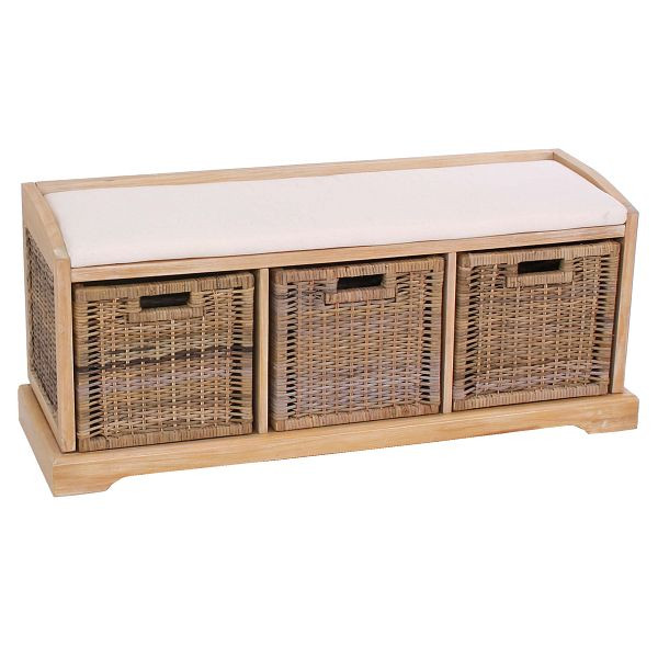 Mendler Sitzbank Bienne, Aufbewahrungsbox, 3 Körbe, Kubu-Rattan-Geflecht, 112x46x37cm, hell, 30810