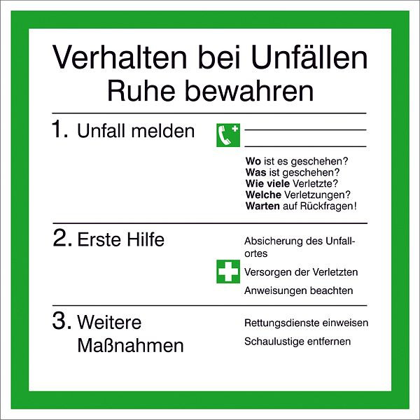 SafetyMarking Aushang - Unfall, Verhalten bei Unfällen, BxH 20x20 cm, Kunststoff (Hart-PVC), 43.0048