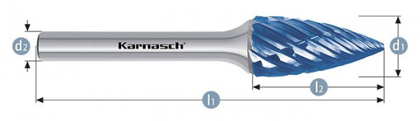 Karnasch Hartmetall-Frässtift Blue-Tec beschichtet SPG/ HP-8 d1= 8 / l2= 20 / d2= 6 / l1= 65mm, VE: 3 Stück, 116047015