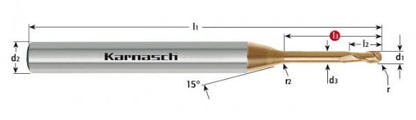 Karnasch VHM-Micro-3D Mini-Radiusfräser HHC/HSC/HPC d= 1,0 / r=0,50 / L3=15,0 mm HXC-Nano³, 306264010015