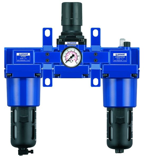 Prevost ALTO4-Dreifachblock-Filterregler, Manometer, Öler, Wandbefestigungsset + Schnellverbinder für Leitungsanschluss, IG BSPP=G 3/4, 4000 Nm3/h, TT SM4