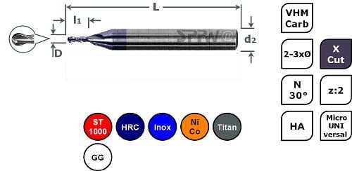 SPPW Micro-Radiusfräser VHM+X.Cut 2-3xØ L: 39x0,2 z:2 d3 Ø0,10, 6785290010