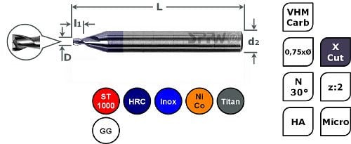 SPPW Micro-Bohrnutenfräser VHM+X.Cut 0,75xØ L: 39x0,30 z:2 d3 Ø0,40, 6785110040