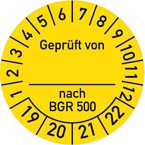 Moedel Prüfplakette Geprüft von nach BGR 500 2019 - 2022, Folie, Ø 30mm, VE: 10 Stück/Bogen, 55936