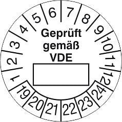 SafetyMarking Prüfplakette, Geprüft gemäß VDE, Prüfzeitraum: 19-24, Ø 2 cm, Folie, selbstklebend, VE: 28 Stück/Bogen, 30.0831-19-24