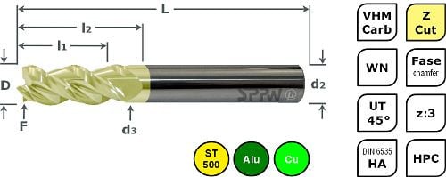 SPPW Hochleistungsfräser VHM+Z.Cut UT45° z:3 L: 57x13x21 d6 Ø6, 7570320600